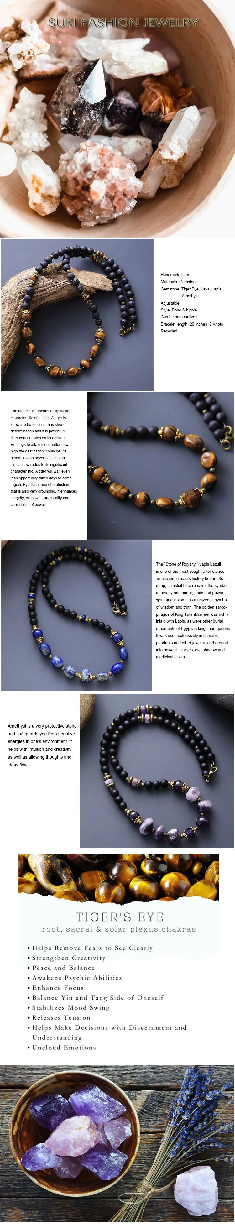 Natural Lava Stone & Tiger's Eye Beaded Choker Necklace