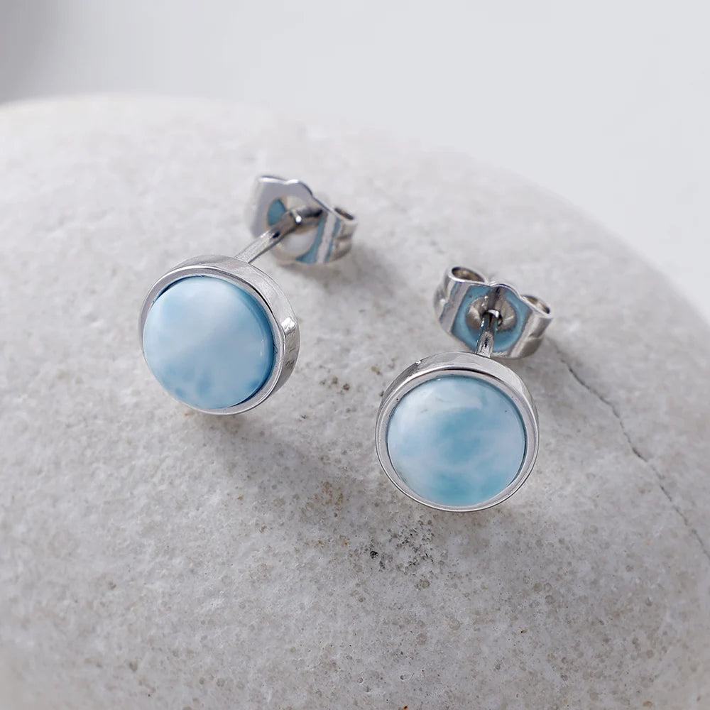 Natural Larimar Minimalist Silver Earrings