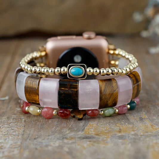 Natural Rose Quartz, Tiger's Eye & Mixed Onyx Smartwatch Band
