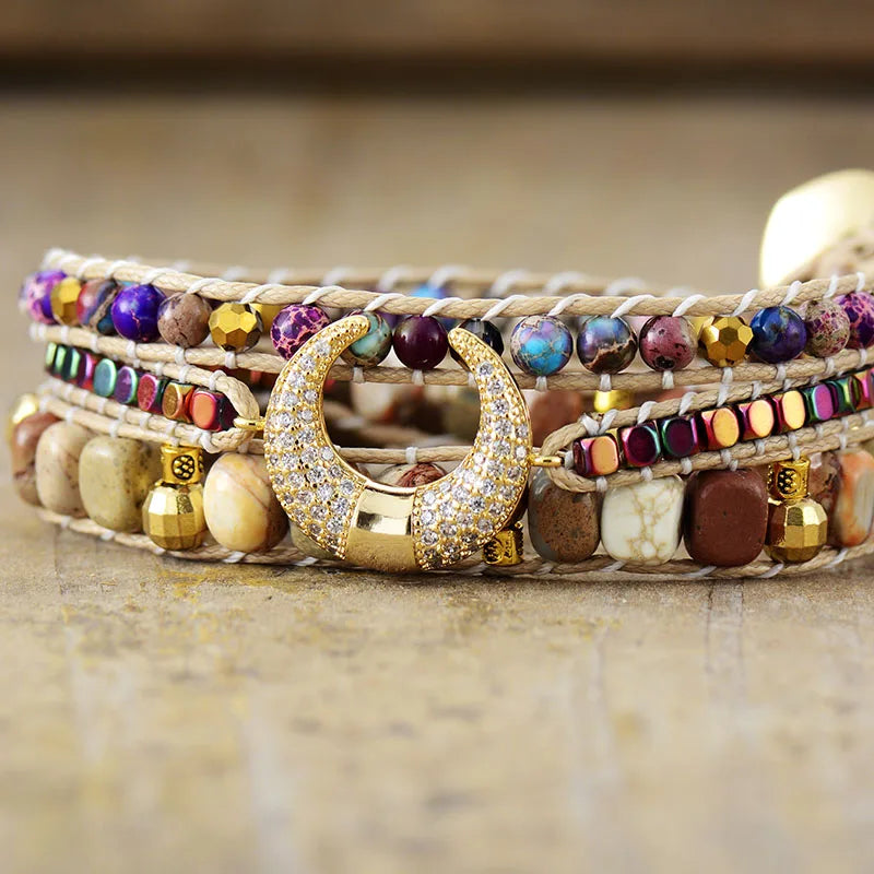 Natural Jasper Half Moon Vegan Wrap Bracelet