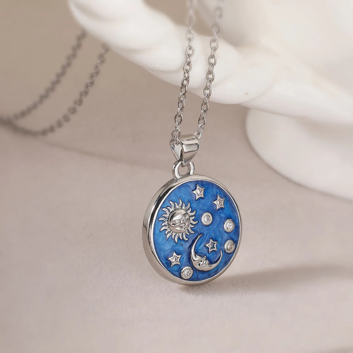 Handmade Enameled Moon Sun & Stars Zircon Pendant Necklace