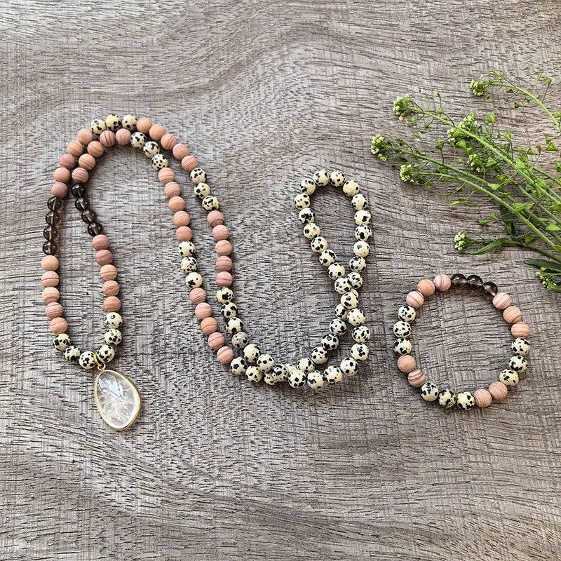 Natural Rhodochrosite Dalmatian Jasper Smokey & Clear Quartz 108 Beads Mala Bracelet Set
