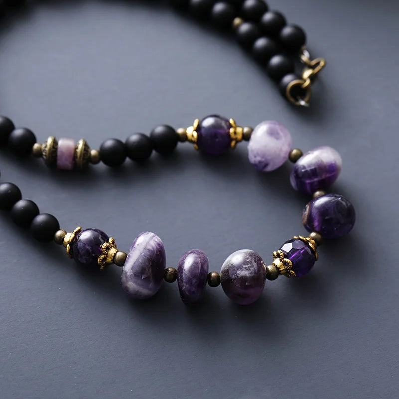 Natural Black Onyx & Amethyst Beaded Choker