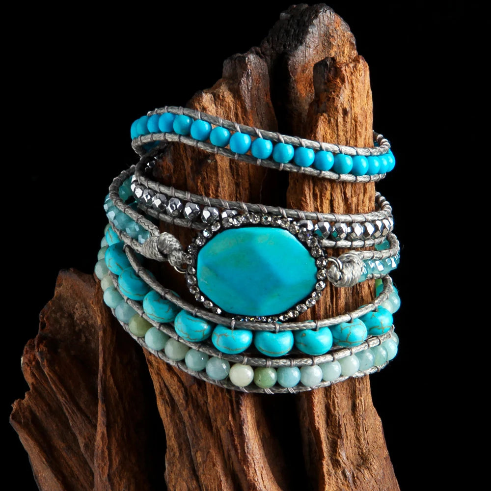 Natural Turquoise, Amazonite & Hematite Vegan Leather Wrap Bracelet