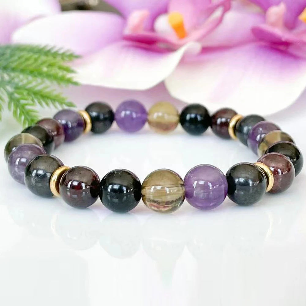 Natural Shungite, Amethyst, Tourmaline & Smokey Quartz Beaded Bracelet