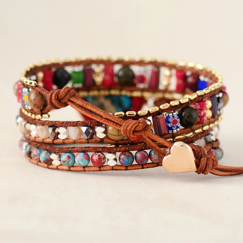 Natural Mixed Jasper Beads & Heart Charm Leather Wrap Bracelet