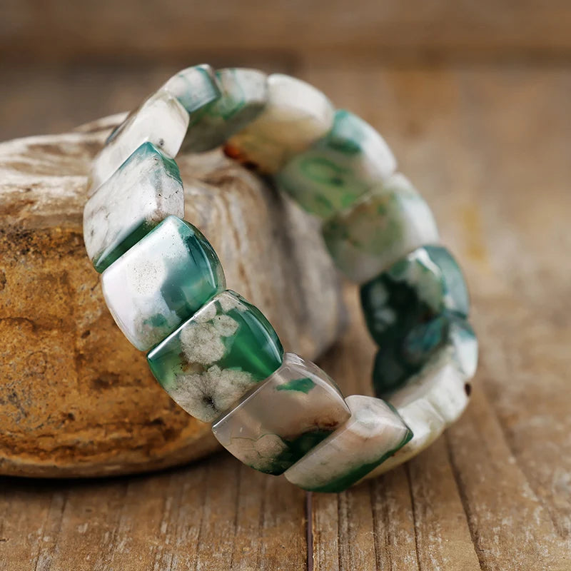 Natural Green Cherry Blossom Agate Chunky Bangle Bracelet