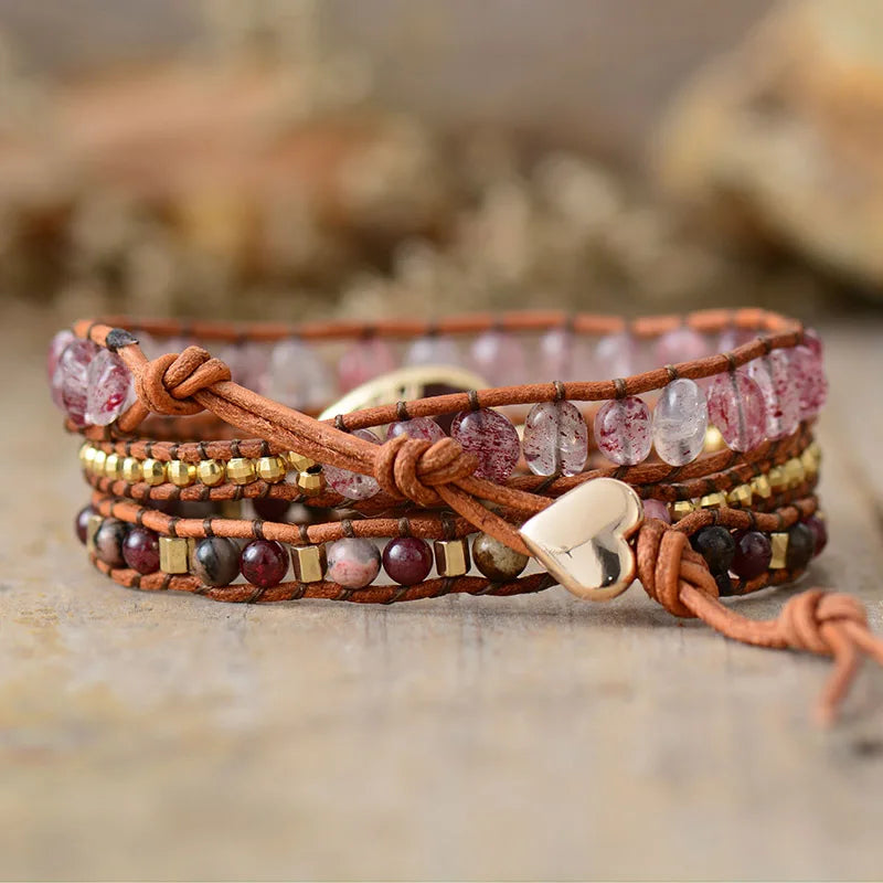 Natural Strawberry Quartz & Rhodonite Wrap Bracelet