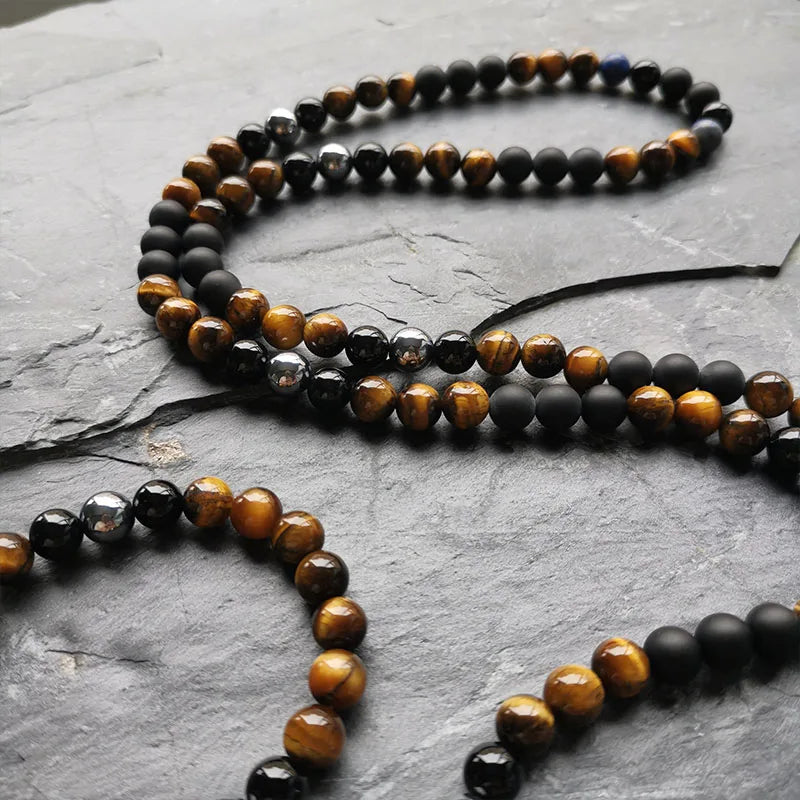 Natural Lapis Lazuli,Tiger's Eye, Onyx & Terahertz 108 Beads Mala Necklace / Bracelet