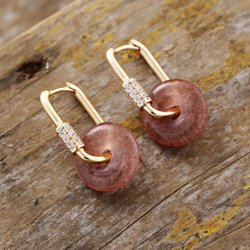 Natural Strawberry Quartz Disc Pendants Gold Plated Classy Earrings