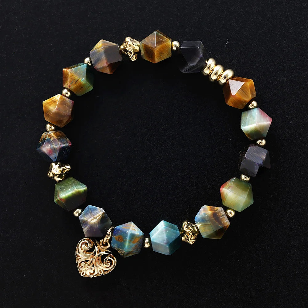 Natural Mixed Tiger's Eye Beads Heart Charm Bracelet