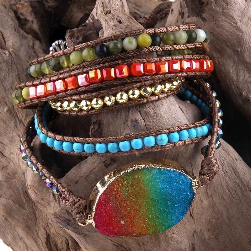 Natural Mixed Gemstones & Big Druzy Charm Wrap Bracelets