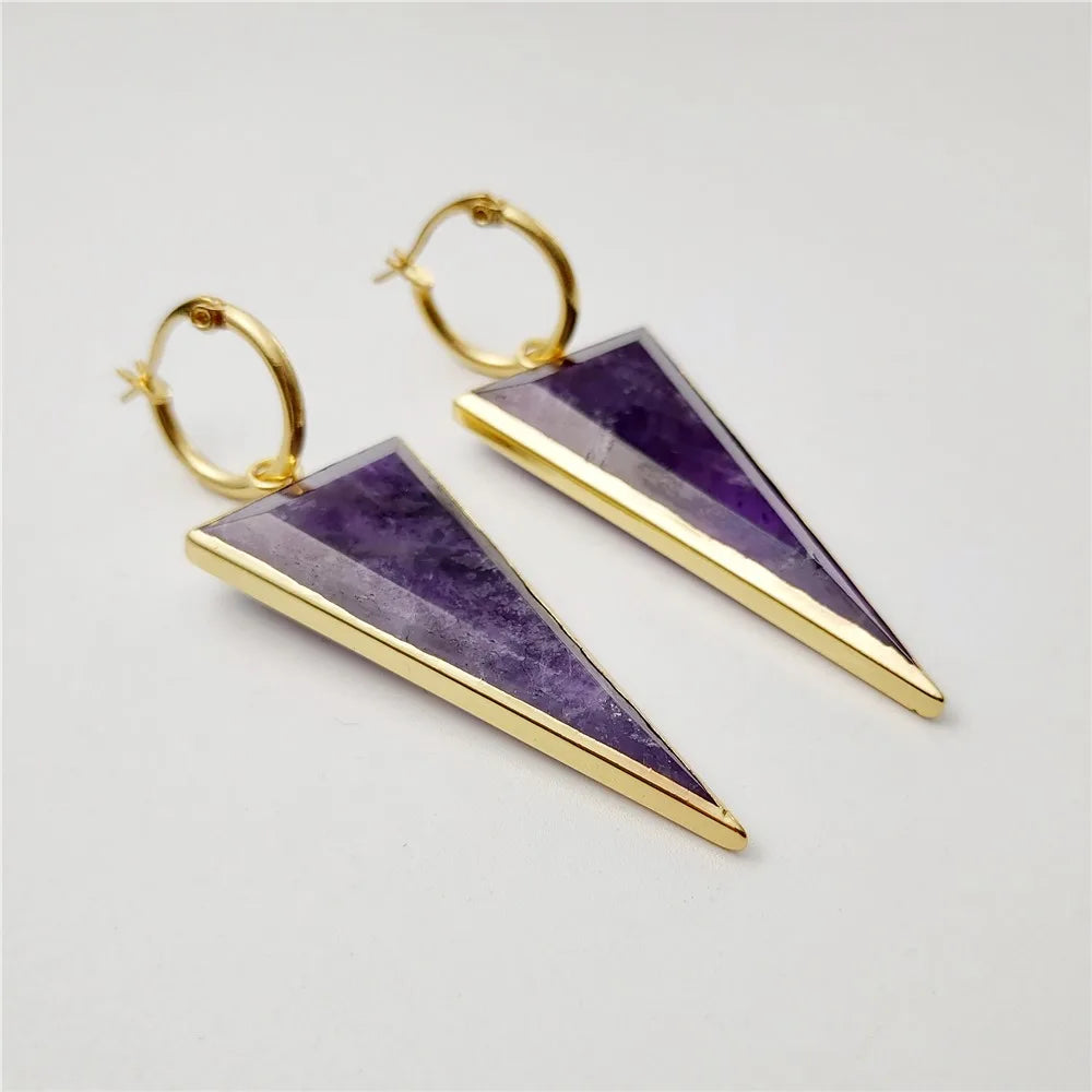 Natural Amethyst Gold Plated Triangular Earrings