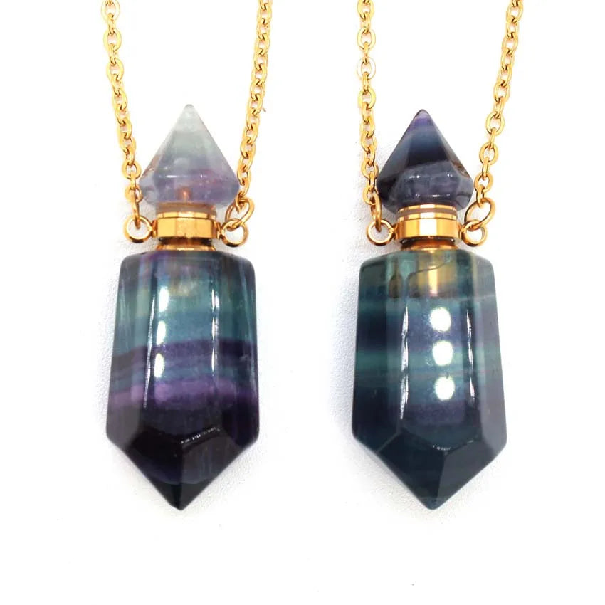 Natural Rainbow Fluorite Potion Bottle Pendulum Necklace