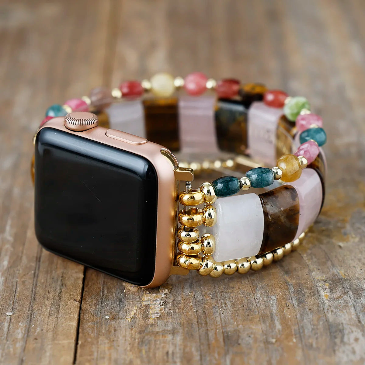 Natural Rose Quartz, Tiger's Eye & Mixed Onyx Smartwatch Band