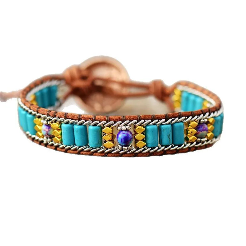 Natural Turquoise & Imperial Jasper Leather Wrap Bracelet