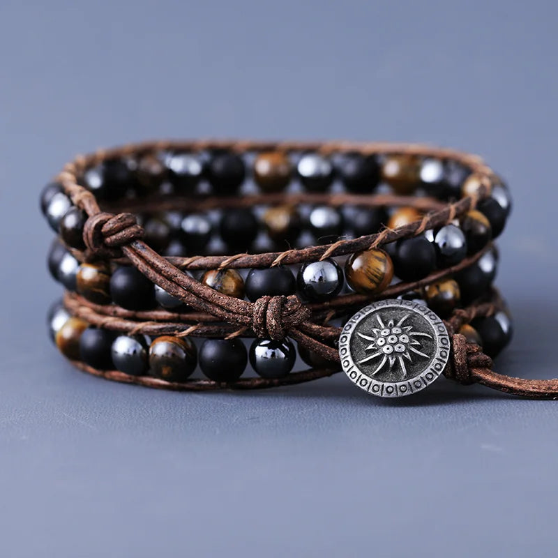 Natural Hematite Black Onyx & Tiger's Eye Leather Wrap Bracelet
