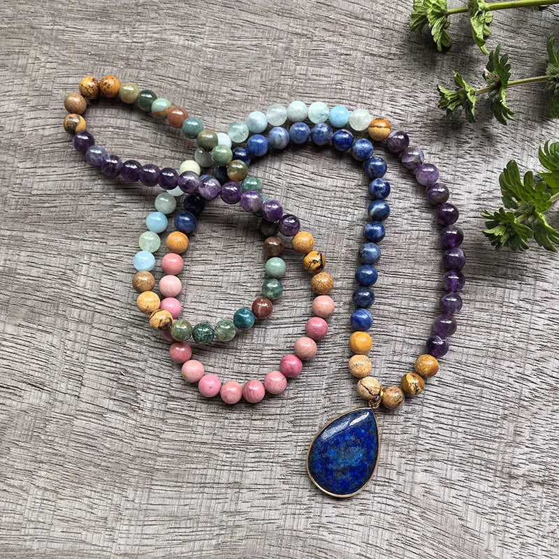 Natural Amethyst, Aquamarine, Indian Agate, Picture Jasper, Rhodonite & Sodalite 108 Beads Mala Set