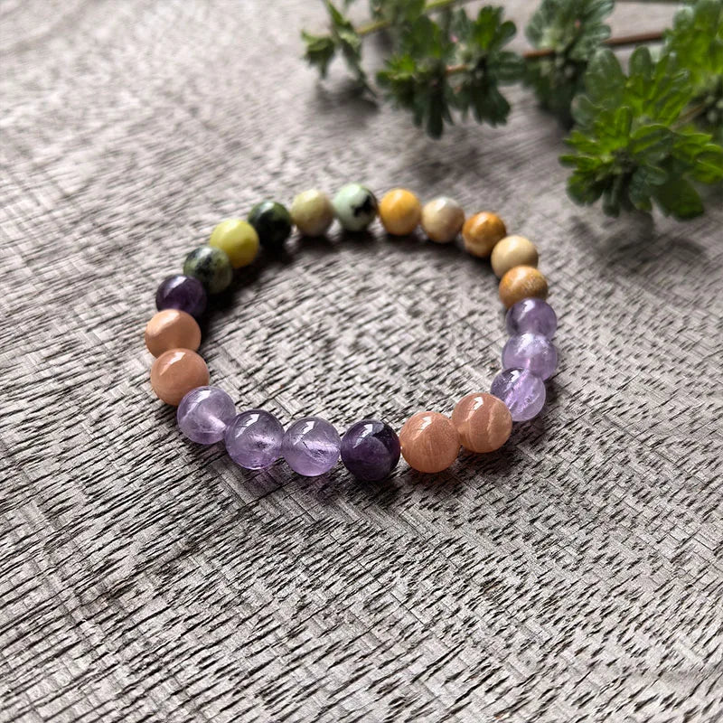 Natural Rhochrosite Amethyst Sunstone & Jade 108 Beads Mala Bracelet Necklace Set