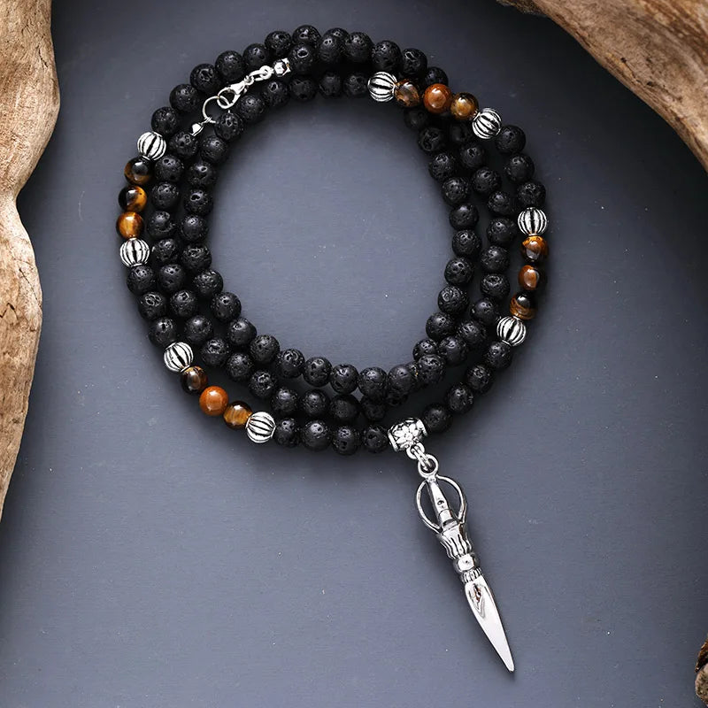 thumbnail image 2 of Natural Gemstone Beaded Necklace – 6/8/10mm Mix Of Lava Stone, Tigers Eye, Onyx – Round Yoga Beads, 18" 2 of 5