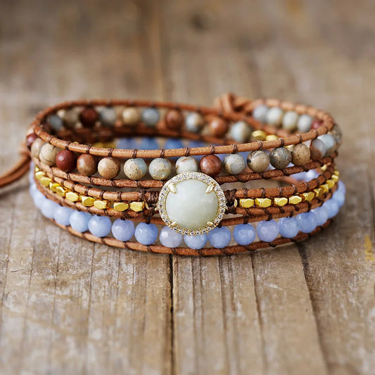 Natural Jade, Imperial Jasper & Amazonite Leather Wrap Bracelet