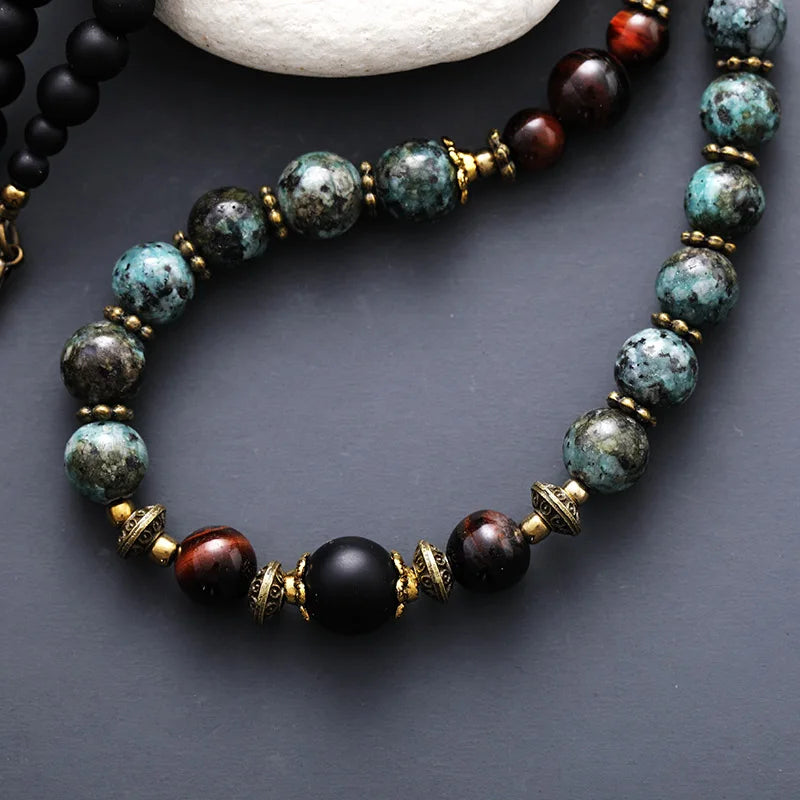 Natural African Turquoise, Black Onyx, Tiger's Eye Beaded Choker Necklace
