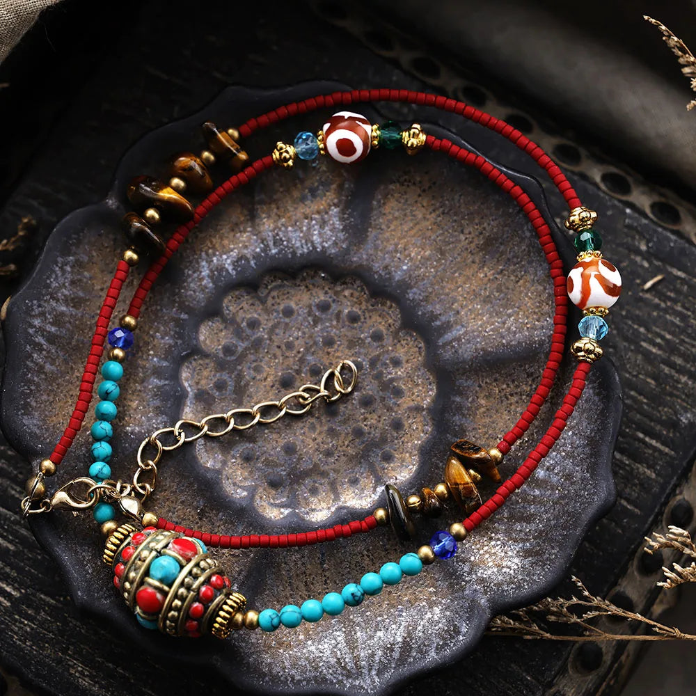 Natural Turquoise, Red Jasper, Tiger Eyes & Nepal Charm Ethnic Necklace