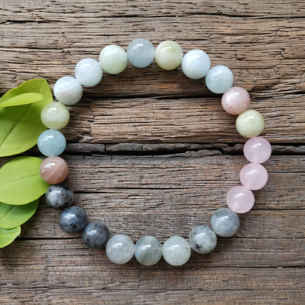 Natural Aquamarine, Sunstone, Rose Quartz & Labradorite 108 Beads Mala Necklace / Bracelet