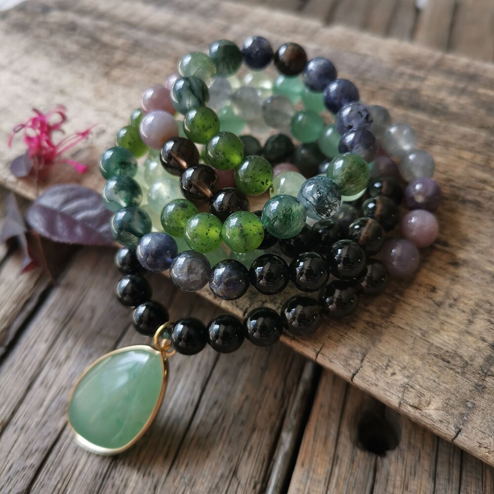 Natural Iolite, Jade, Onyx, Prehnite, Agate & Aventurine 108 Beads Mala Necklace / Bracelet