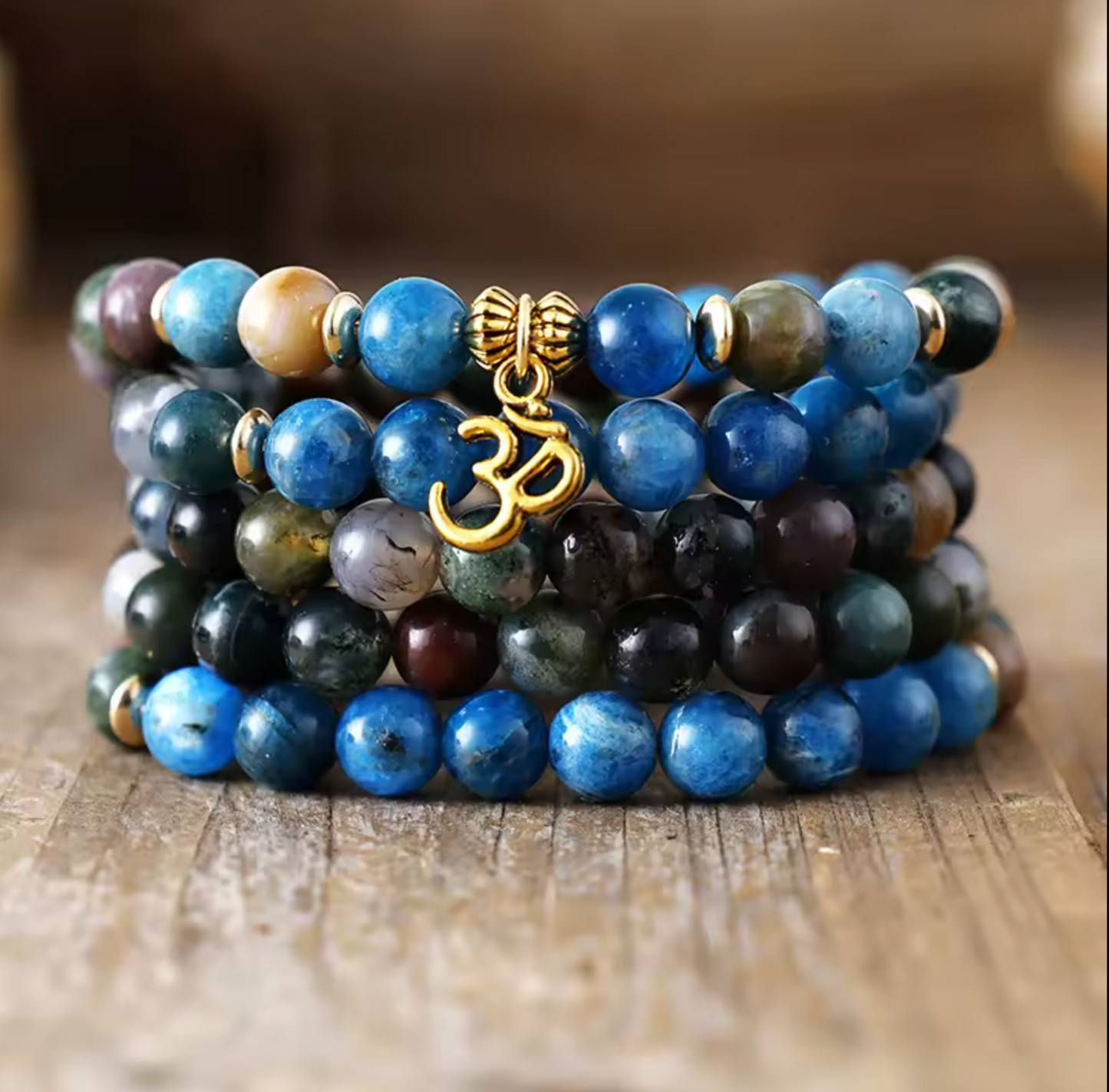 Rare Natural Indian Agate & Apatite 108 Beads Om Mala