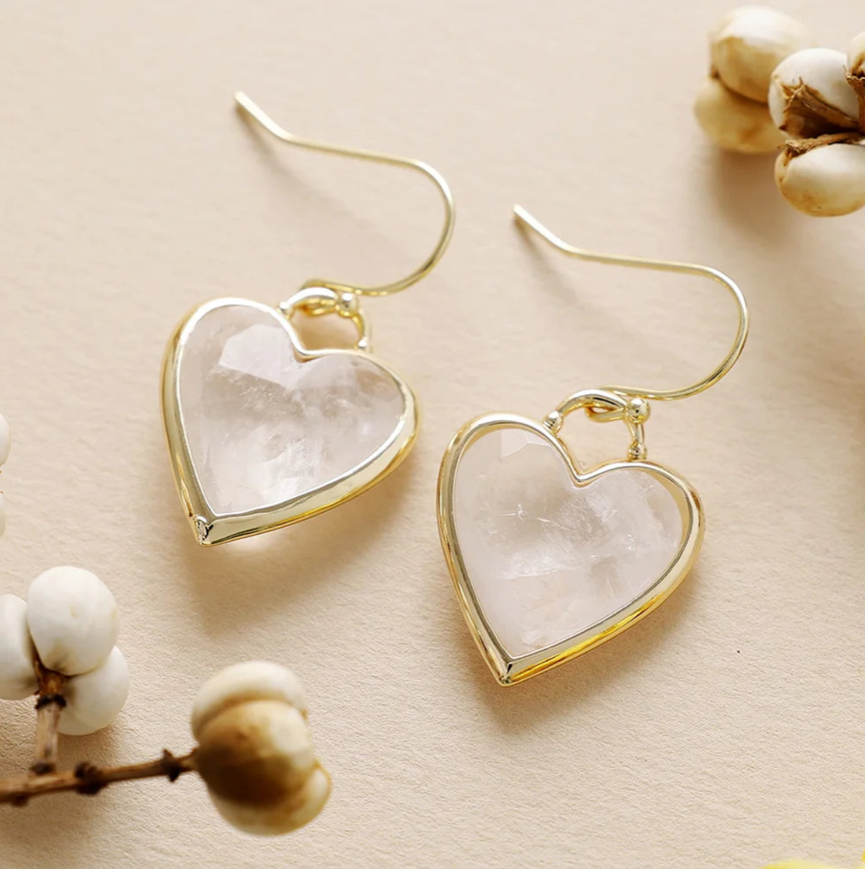 Natural Clear Quartz Romantic Heart Earrings