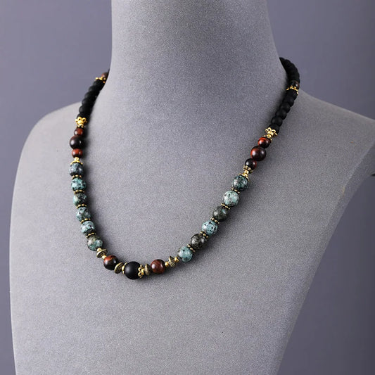 Natural African Turquoise, Black Onyx, Tiger's Eye Beaded Choker Necklace
