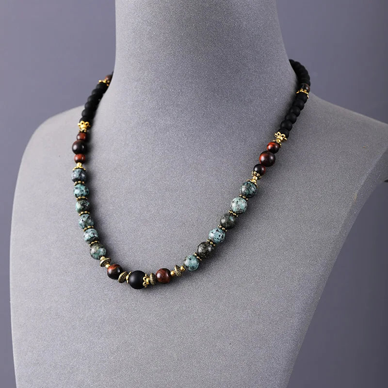 Natural Black Onyx, Lapis Lazuli & Amethyst Beaded Choker Necklace