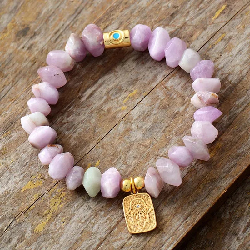 Natural Kunzite Hamsa Charm Bracelet