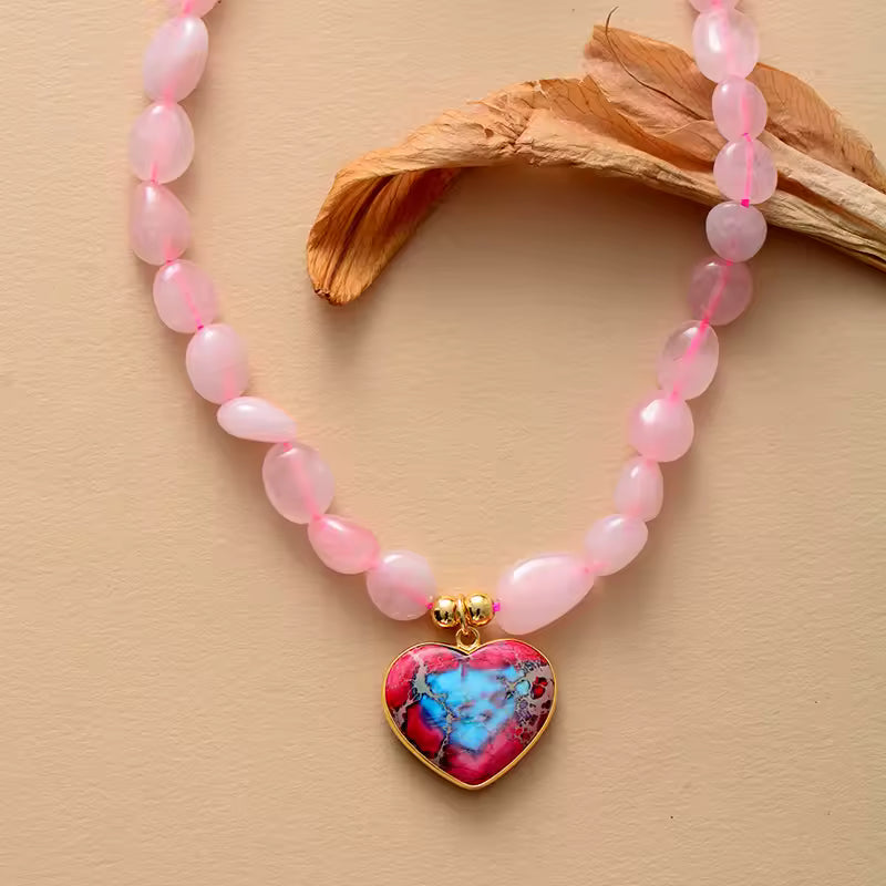 Natural Rose Quartz Beads & Imperial Jasper Heart Pendant Choker Necklace