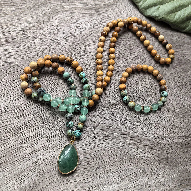Natural Green Aventurine Picture Jasper & African Turquoise Bracelet Mala Set
