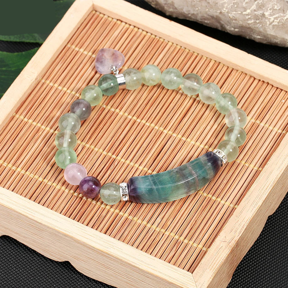 Natural Fluorite Heart Charm Beaded Bracelet