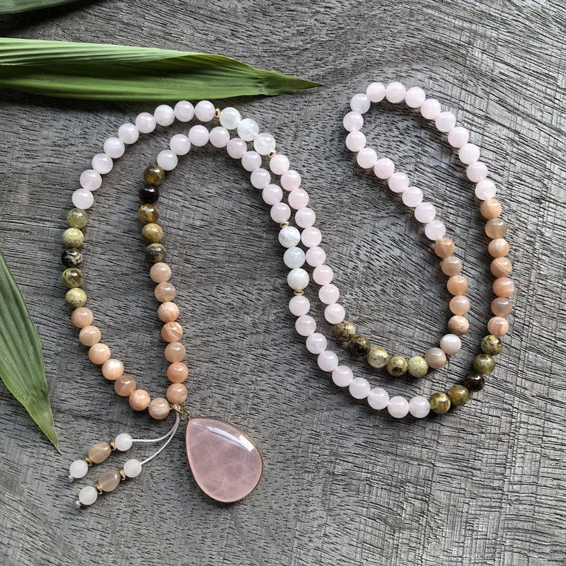 Natural Garnet, Sunstone & Rose Quartz 108 Beads Mala Set