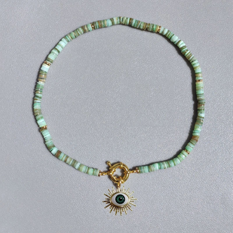 Natural Jade, Amazonite & Shell Evil Eye Gold Plated Lariat Necklace