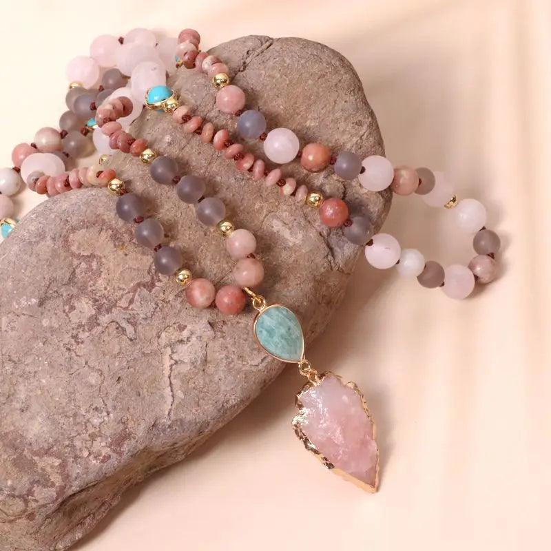 Natural Amazonite, Agate & Rose Quartz Arrowhead 108 Beads Mala