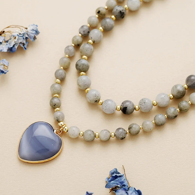 Natural Labradorite Heart Pendant Layered Necklace
