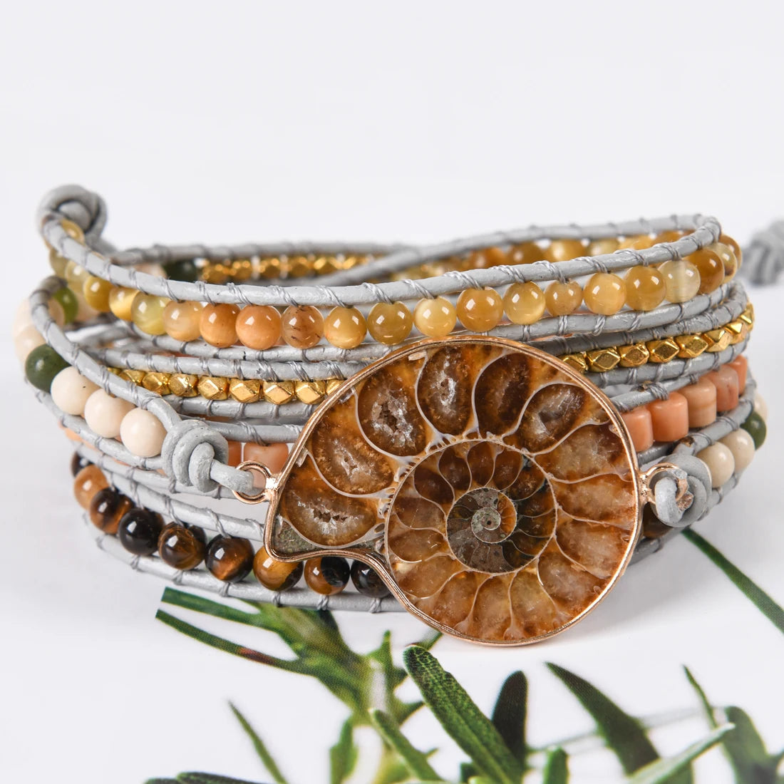 Natural Ammonite, Tiger Eye, Agate & Jasper Vegan Wrap Bracelet