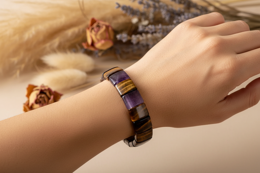 Amethyst & Tiger Eye Tile Bracelet on Model