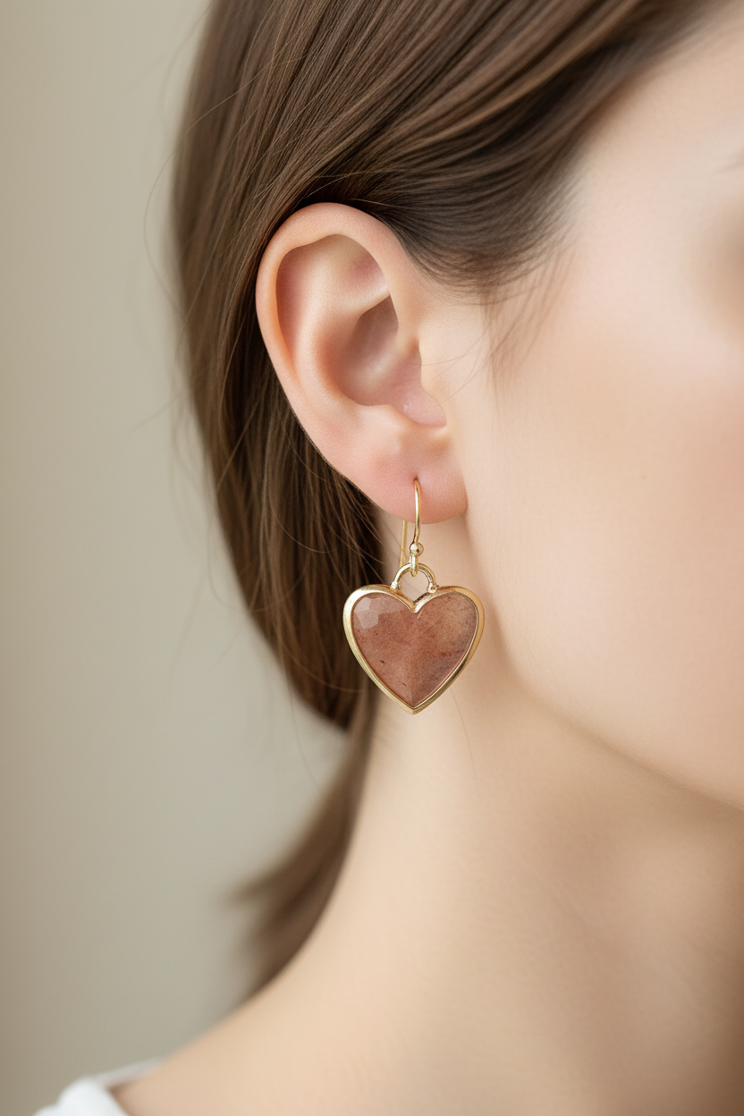 Heart-shaped earrings on model's ear