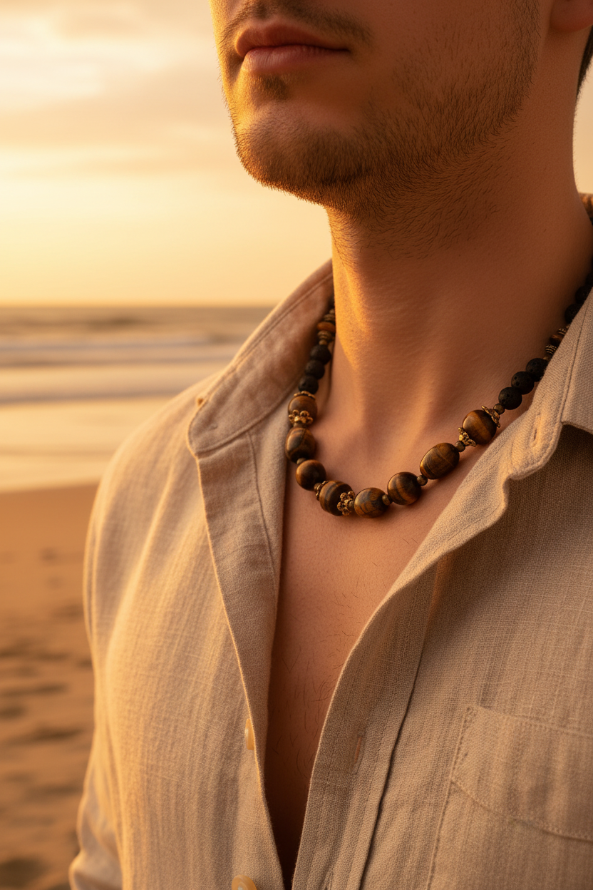 Male model at beach sunset wearing lava stone tiger's eye necklace