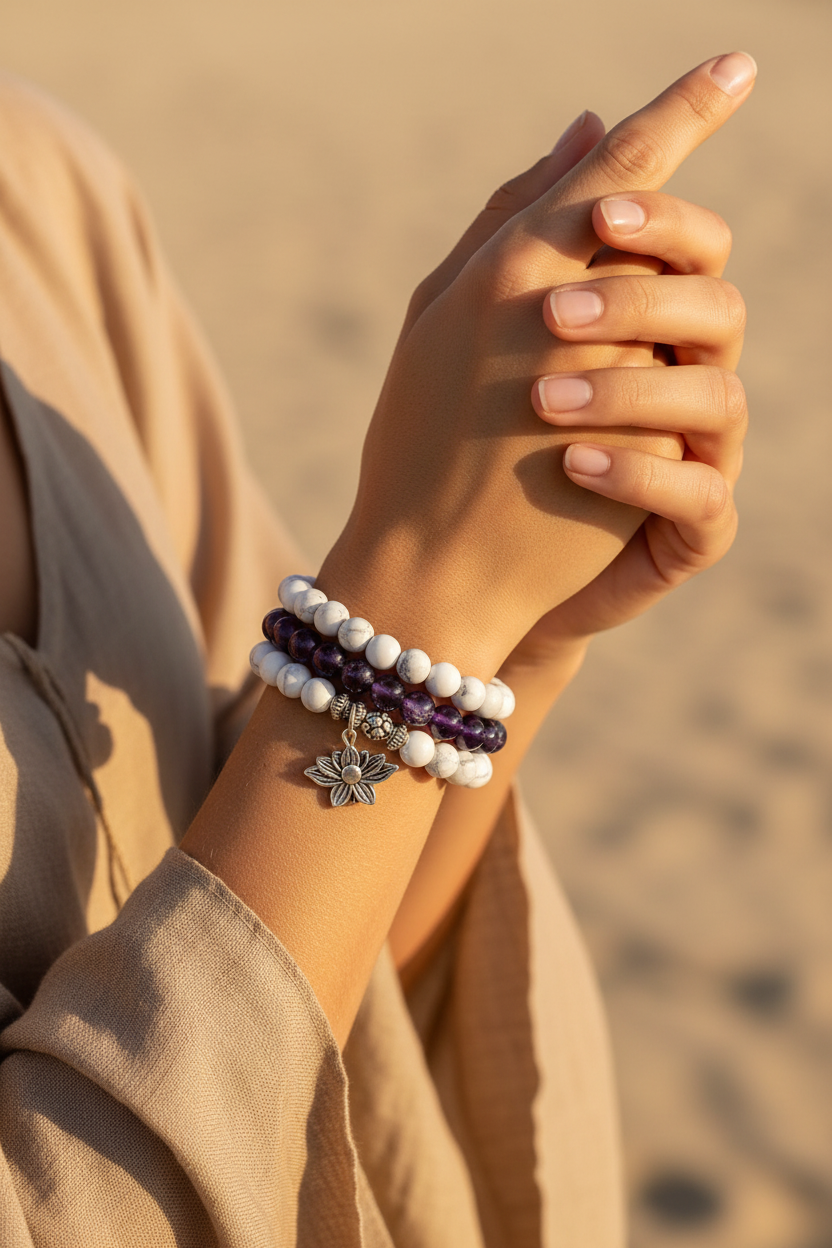 Model wearing Amethyst & Howlite Mala