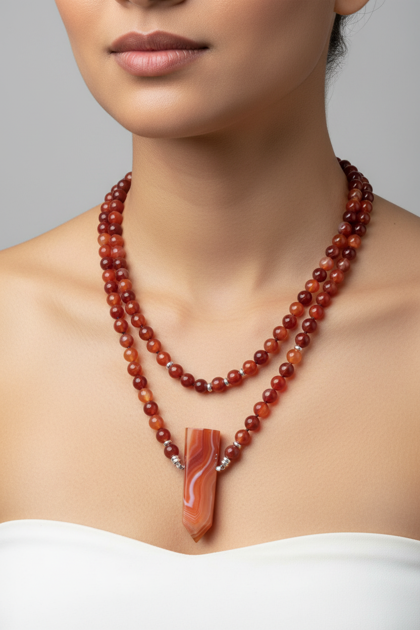 Model wearing double-layered carnelian agate necklace
