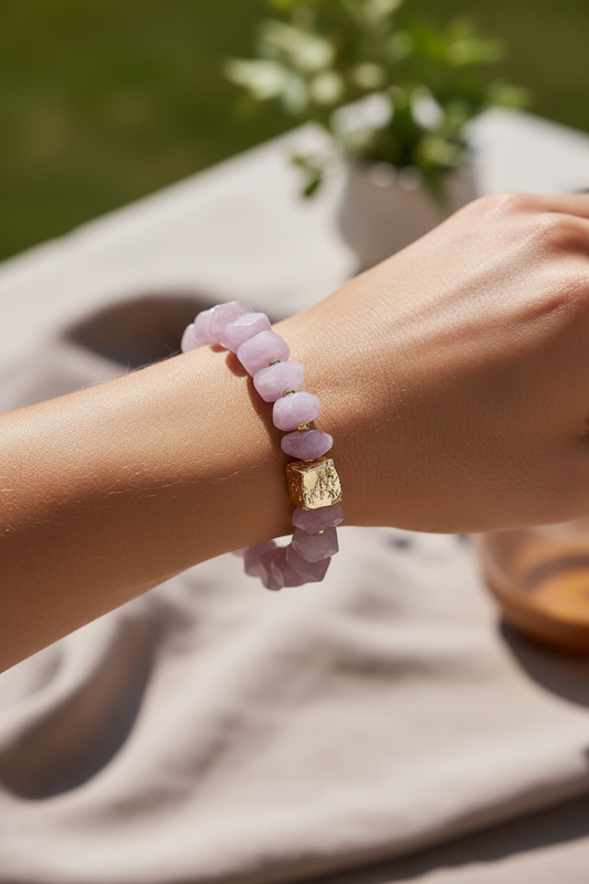Model wearing pink kunzite bracelet