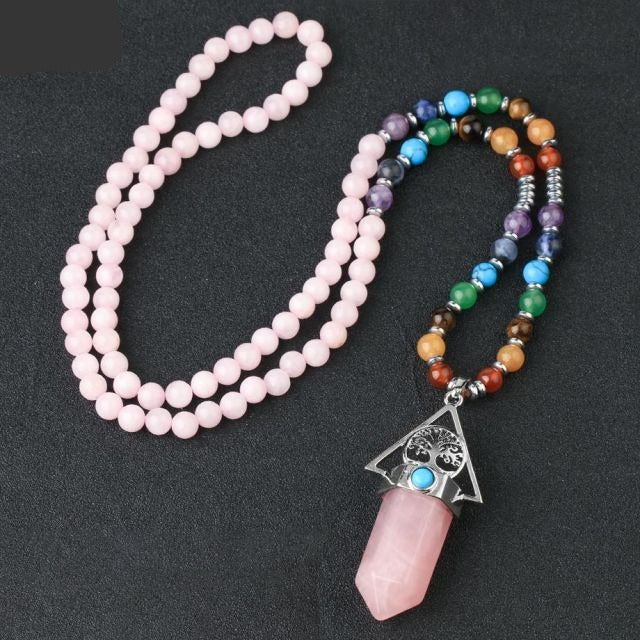 108 Natural Rose Quartz and Chakras Beads Necklace with Tree of Life