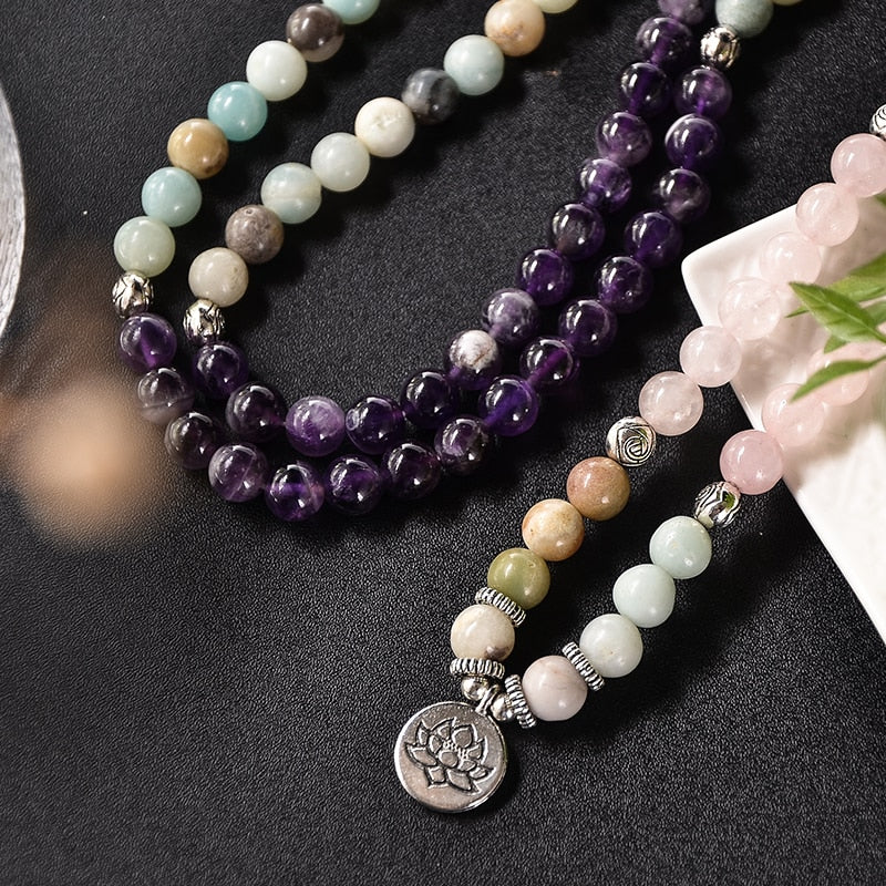 Natural Amethyst, Rose Quartz & Amazonite 108 Mala Beads Necklace / Bracelet